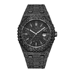 Luxury Black Stone Iced Out Men's Stainless Steel Chain Watch