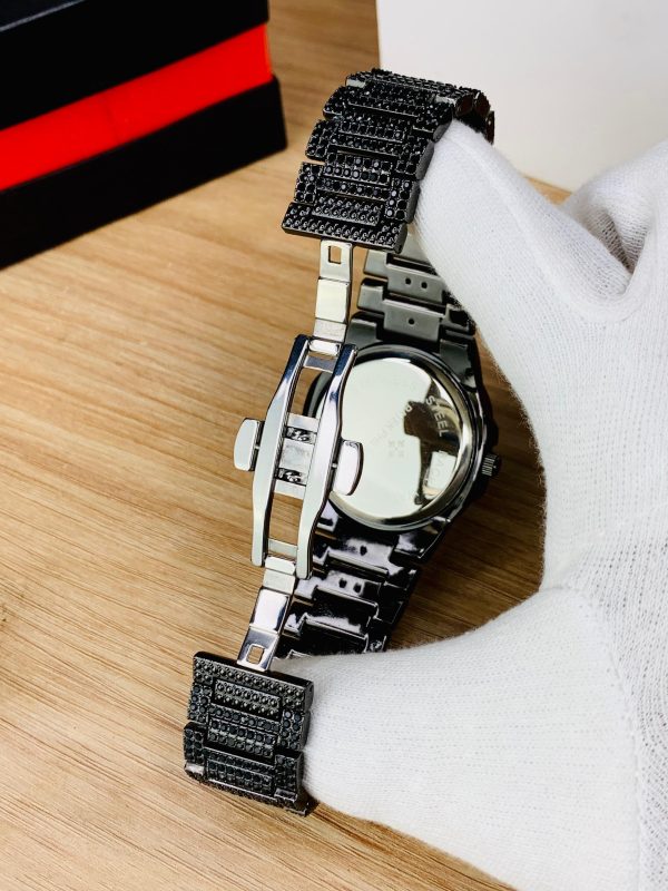 Luxury Black Stone Iced Out Men's Stainless Steel Chain Watch