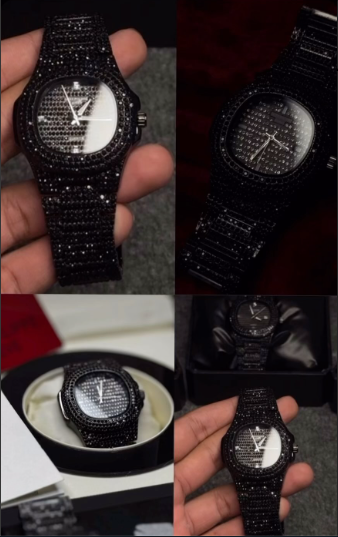 Luxury Black Stone Iced Out Men's Stainless Steel Chain Watch